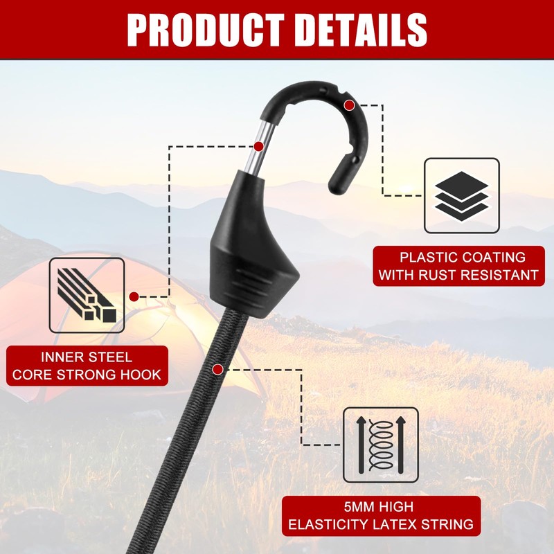 4 Inch Mini Bungee Cords with Hooks,20 PCS Black Bungee