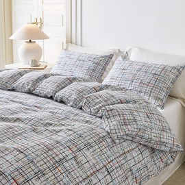 YuHeGuoJi Grid Striped Duvet Cover King 100% Cotton 3 Pcs Set 1 Black White Grid Duvet Cover with Zipper Ties 2 Pillowcases Neutral Modern Orange Red Gingham Geometric Bedding Set Soft