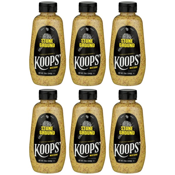Koops' Stone Ground Mustard – Old-Fashioned Mustard, Gluten-Free, Kosher, Non-GMO, Made in the USA, From Quality Mustard Seeds, Robust and Coarse Flavor – 12 Oz, Pack of 6
