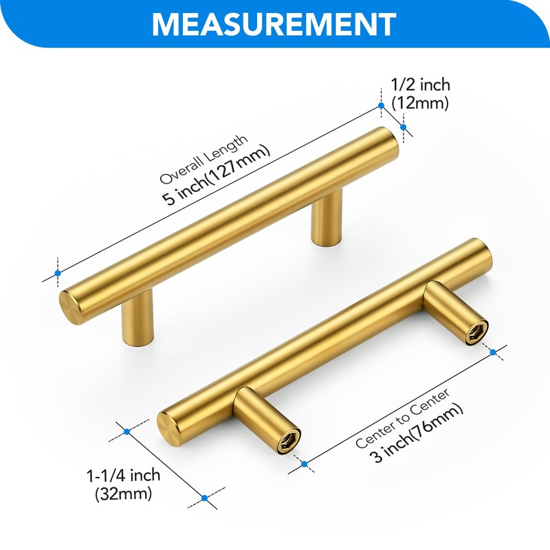 HOME EDIT Brushed Brass Cabinet Handles 3 Inch Hole Spacing,