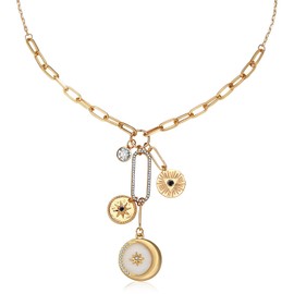 BONJOULRY Charm Necklace for Women Gold Sun Moon Pearl Shell Coin Evil Eye Charms Pendent Necklace Chunky Paperclip Necklace Celestial Jewelry Shell