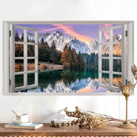 Fake Window Wall Stickers 3D Landscape Wall Sticker Decor Vinyl Mountain Lake Forest Wall Sticker Decals Peel and Stick Nature Scenery Faux Window Wallpaper for Living Room Bedroom Home Kitchen Decor