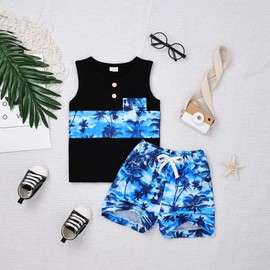 CETEPY 4t Boys Summer Clothes Baby Summer Tropical Beach Design Outfits Sleeveless Tank Tops & Pocket Pant set Blue 3 Years old-4 Years old