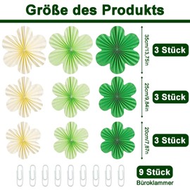 Paper Fan Paper Flowers Decoration, Pack of 9 Paper Fans Decoration, Paper Flowers Party Decoration, Paper Fan Decoration Hanging, for Parties, Weddings, Decorations (Dark Green, Light Green, White)