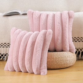 Madizz Plush Faux Fur Throw Pillow Covers 22x22 inch, 55x55 cm Pink Set of 2 Fluffy Striped Soft Decorative Cushion Cover for Sofa Bedroom Pillow Shell