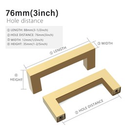 Redunest Cabinet Pulls Gold Cabinet Handles Square Drawer Pulls, 2 Pack 3 Inch Stainless Steel Kitchen Door Cupboard Cabinet Handles, Drawer Hardware Handles, 76mm Hole Centers