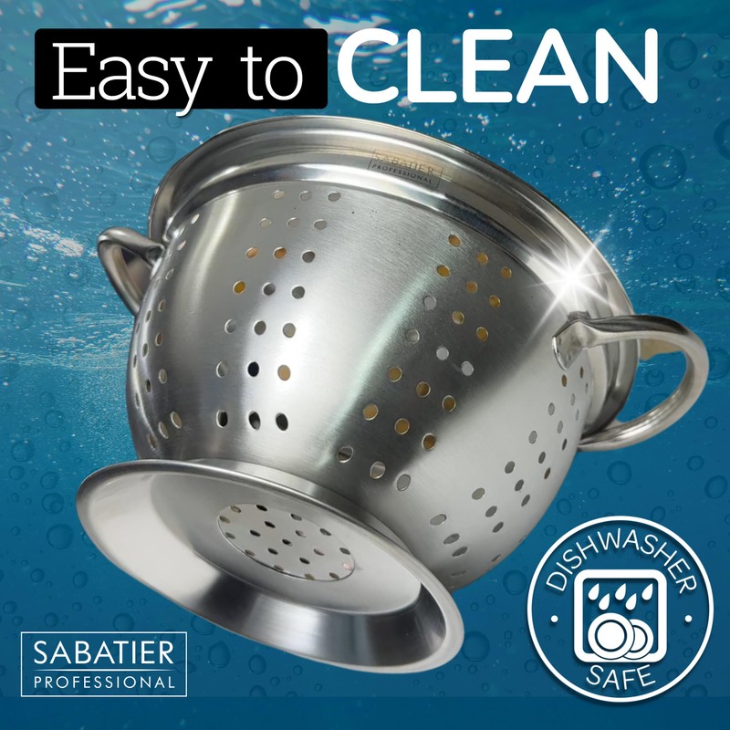 Sabatier Professional Stainless Steel Colander - Heavy-Duty, Durable & Dishwasher-Safe