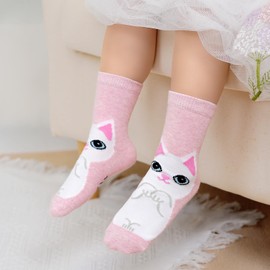 PUTUO Children's Girls' Socks, Children's Socks: Girls Funny Cotton Socks, Colourful Animals, Patterned Stockings, 5 Pairs, cat