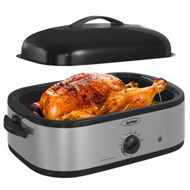 Sunvivi 14-Quart Electric Roaster Oven with Self-Basting Lid, Stainless Steel Turkey Roaster Oven with Rack, No Removable Pan, Easy to Clean, Silver