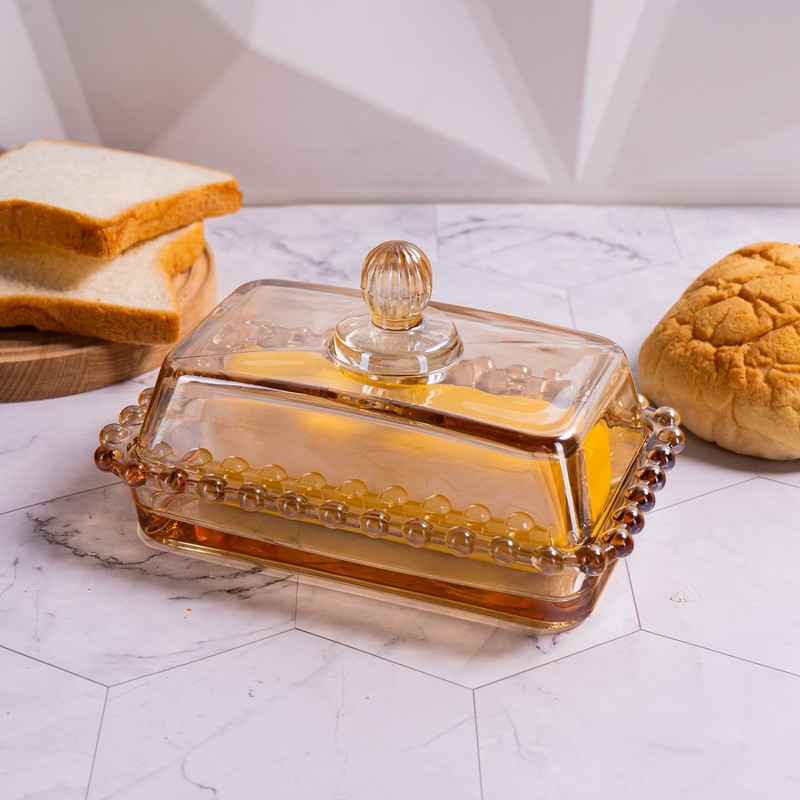 Glass Butter Dish with Lid for Countertop, Champagne Color Crystal