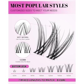 Venus - Kit de racimos de pestañas Wispy de 0.315-0.630 in con pestañas inferiores de 0.197-0.236 in, kit de extensión de pestañas postizas individuales naturales en racimo D, con unión impermeable