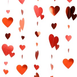 DERAYEE Valentines Red Heart Garland, 2 Pcs Glitter Heart Hanging String Garland Decorations for Valentines Decor Wedding Birthday Party Supplies