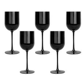 PLASTICPRO Black Plastic Wine Glasses Set of 5 Elegant Wine Goblets Hard Plastic Wine Cups on Stem 12 Ounce