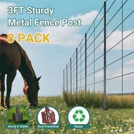 Toriexon Fence Posts 3 Ft - 8 Pack, Heavy Duty Metal Fence Post, No Dig U Post for Farm, Garden, Orchard and Outdoor Wire Fencing(Black)