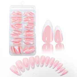 240 Pcs Short Almond French Tip Nails, Pink Glossy White Tips Press on Fake Nails for Girls Women, Full Nail Art Kit with Glue and Tools 30