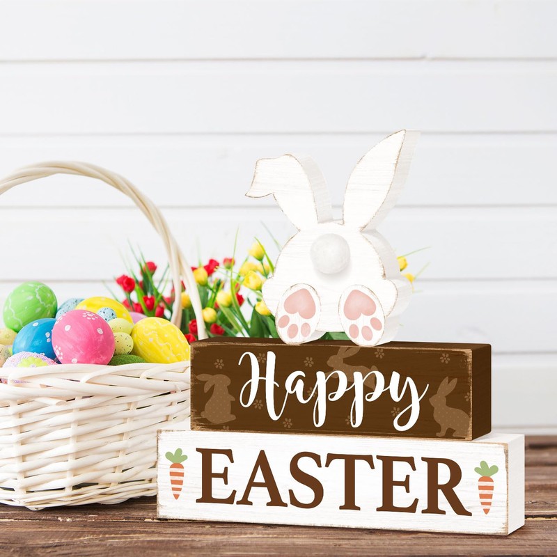Happy Easter Bunny Table Sign Decorations, Easter Wooden Block Tabletop