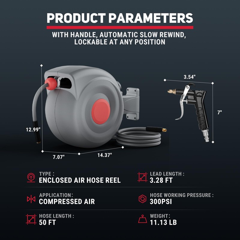 50 Ft Retractable Air Hose Reel, 3/8 In Auto Rewind
