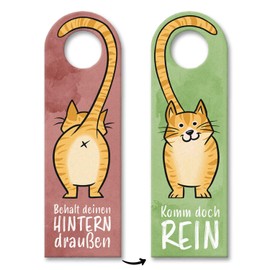 “Komm doch rein” or “Behalt deinen Hintern draußen” Door Hanger with Orange Cat