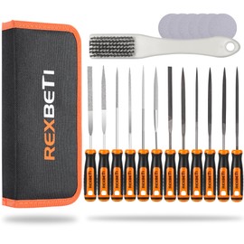 REXBETI 19Pcs Metal Needle File Set, Small Diamond Files, 12Pcs Jewlers Files and Steel Files for Precision Metal and Woodworking with 6Pcs Sandpaper, Metal Brush and Carry Case