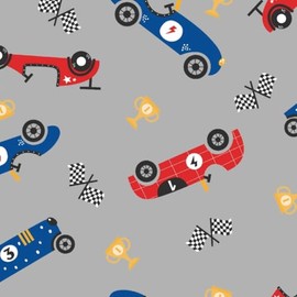 Toy Race Cars on Gray Comfy Cotton Flannel Fabric by The Yard
