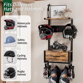 Motorcycle Helmet Holder Wall Mounted, Helmet Holder Wall Mount with Helmets Rack and Hooks for for 6 Helmets, Riding Suits & Accessories, Sturdy Construction Storage Organizer for Entryway or Garage
