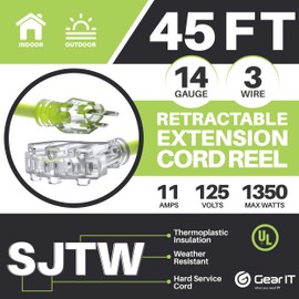 GearIT Retractable Extension Cord Reel (45ft) 14/3 AWG Gauge SJTW, 3 Outlets, LED Power Indicator, 11-Amps Circuit Breaker, 180 Degrees, UL Listed for Garage Ceiling Mount Workshop, Power Tool 45 Feet