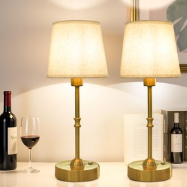 Cordless Table Lamp Set of 2 Rechargeable Vintage Table Lamps for Bedroom - 4000mAh Battery Powered Touch Lamp with Fabric Shade 3000K Warm Ambient Light for Bedroom, Bedside, Living Room(Gold)
