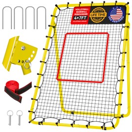 4x7ft Baseball Rebounder Anti-UV 5 Adjustable Angles Fielding Trainer, Volleyball Softball Football Rugby Baseball Bounce Back Net Anti-Skid Easy Storage Pitch Back Rebound Net with 4 Stakes