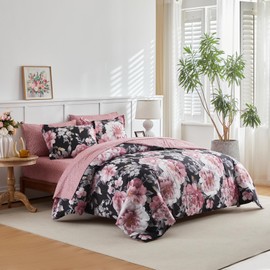Joyreap 7 Piece Bed in a Bag King, Floral Comforter Sheet Set, Tie-dye Pink Flowers on Black Design, All Season Microfiber Bedding Comforter Set
