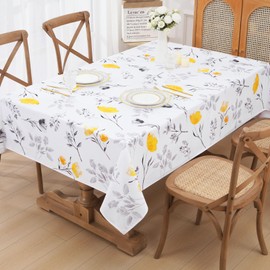 Likiyol Floral Tablecloth 55x55 Inch Square, Flower Decoration Table Cloth for Spring Summer, Waterproof Fabric Wrinkle Free Table Cover for Kitchen, Dining Room, Party, Picnic, Camping, Yellow