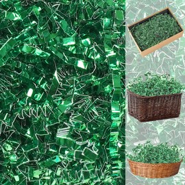 CIPOWM 16oz Easter Grass Crinkle Cut Paper Shred, Metallic Green Raffia Paper Shred Filler Glitter Shredded Paper Grass for Gift Wrapping Craft DIY Gift Bag Box Filling Party Supply