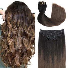 Sindra Haarverlängerung zum Anstecken, Naturhaar, Schwarz bis Braun, 40 cm, 100 g, 6 Stück, Extensions, Echthaar, Echthaar, Extensions, (C40#1BT4)