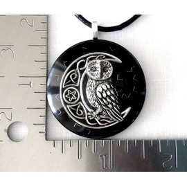 Orgone pendant necklace silver Celtic Owl, Black Tourmaline and Shungite. 1.6 inch diameter. Made in USA