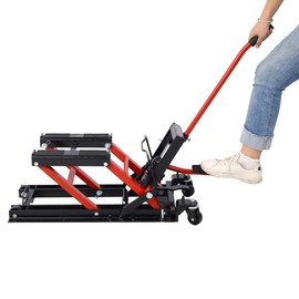 SPOFLYINN Hydraulic Motorcycle Scissor Lift Jack 1500 LBS Capacity Foot-Operated Lift Table Stand with 4 Wheels for Motorcycle ATV UTV Powersports Black+Red