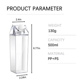 Vyooxcy 2 Pack Milk Carton Water Bottle, 17oz Clear Square Portable Water Bottle, Cute Water Bottle for Homemade Cold Drinks or Sports Travel Camping Activities in Summer