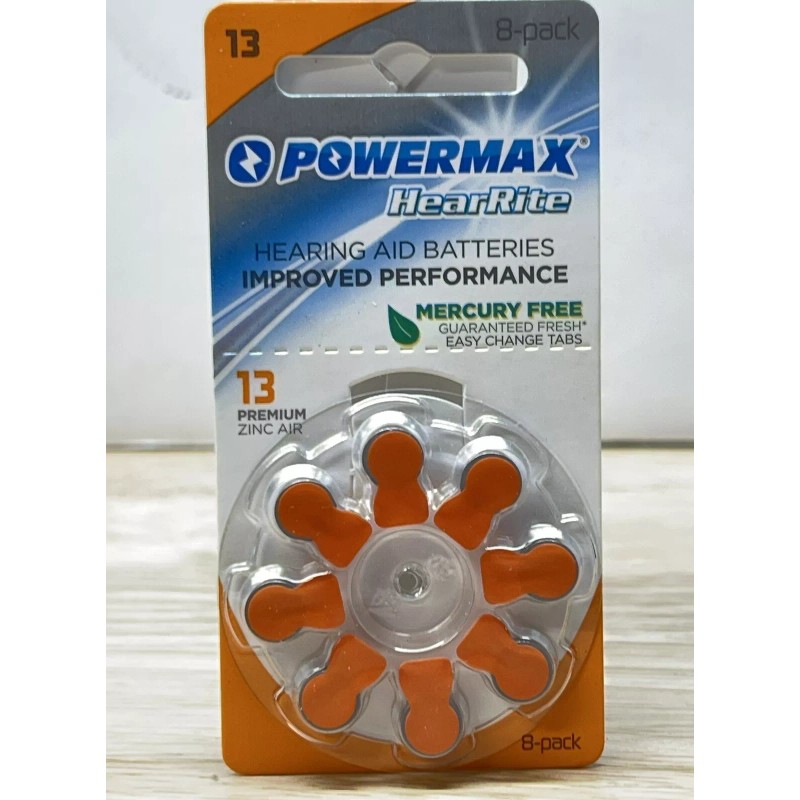 Powermax Size 13 Hearing Aid Batteries, Orange Tab, Zinc Air