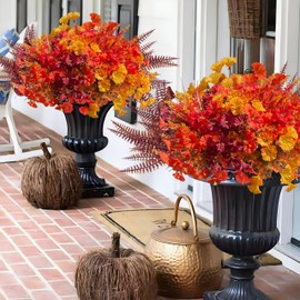 KAFDY Fake Mums Artificial Fall Flowers Plants for Outdoors Outside, 12 Bundles Faux Silk Petunias Realistic Look Real UV Resistant for Planters Porch Patio Yard Autumn Decoration