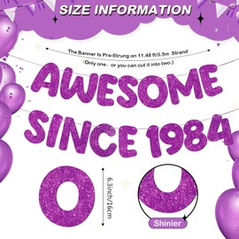 Fulmoon Pre-strung Awesome Since 1984 Banner Glitter Happy 40th Birthday Banner Funny 40th Birthday Decorations 1984 Party Decorations for Men Women Anniversary (Purple)