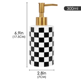 DODAMOUR 2 Pack Ceramic Soap Dispenser, 10oz Modern Checkerboard Hand Soap Dispenser Set for Bathroom Countertop, Kitchen Sink, Refillable Pump Bottle with Rust-Proof Gold Head (Black & White)
