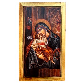 Handmade Wooden Greek Christian Orthodox Wood Icon of Virgin Mary & Jesus Christ / H2