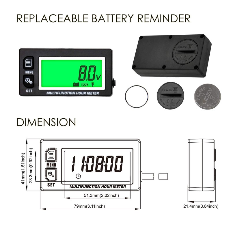 NInE-ROnG Backlight LCD Digital Operating Hour Meter Tachometer Engine Thermometer
