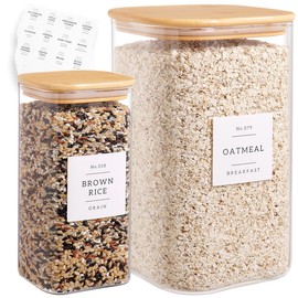 Glass Pantry Storage Containers with 132 Kitchen Pantry Labels, 138/50 oz Large Square Flour and Sugar Containers with Airtight Lids, Gallon Glass Jars with Bamboo Lids for Rice, Pasta, Cookies, grain