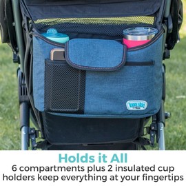 Toddleroo by North States On-The-Go Stroller Organizer with Insulated Cup Holder, Multiple Storage Pockets, Adjustable Straps Attach to Stroller or Shopping Cart, Navy