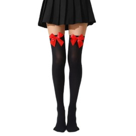 SATINIOR 2 Pairs Thigh High Socks with Bow Women Knee Highs Stockings Over Knee Long Stockings with Bows for girls(Black Stocking, Red Bow)