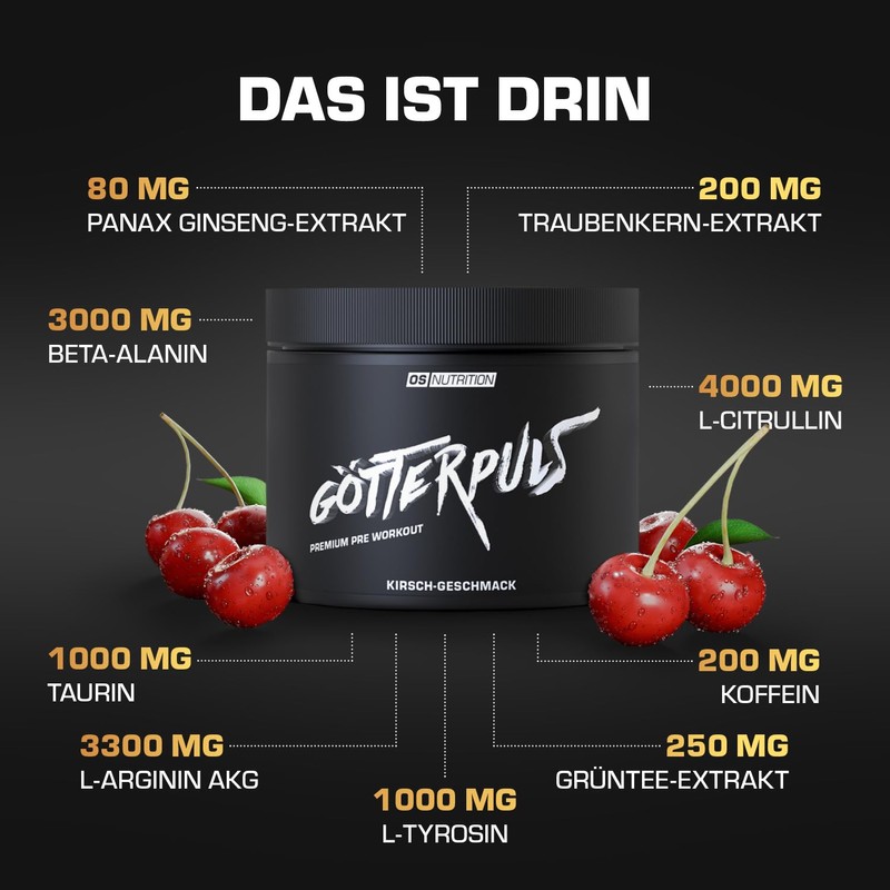 OS NUTRITION Götterpuls Premium Pre Workout Cherry Powder, 308 g