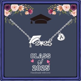 Hidepoo 2025 Graduation Gifts for Her - Silver Graduation Cap Pendant Necklace Class of 2025 Graduation Gift College Graduation Gifts for Her Letter A Initial Necklace Graduation Jewelry for Women