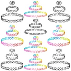 BodyJ4You 30PC Tattoo Choker Necklace Bracelet Ring - 90s Necklace 2000s Y2K Fashion Vintage - Stretchy Elastic Neck Lace Women's - Gothic Black Rainbow - Simple Classic Fashion Trend