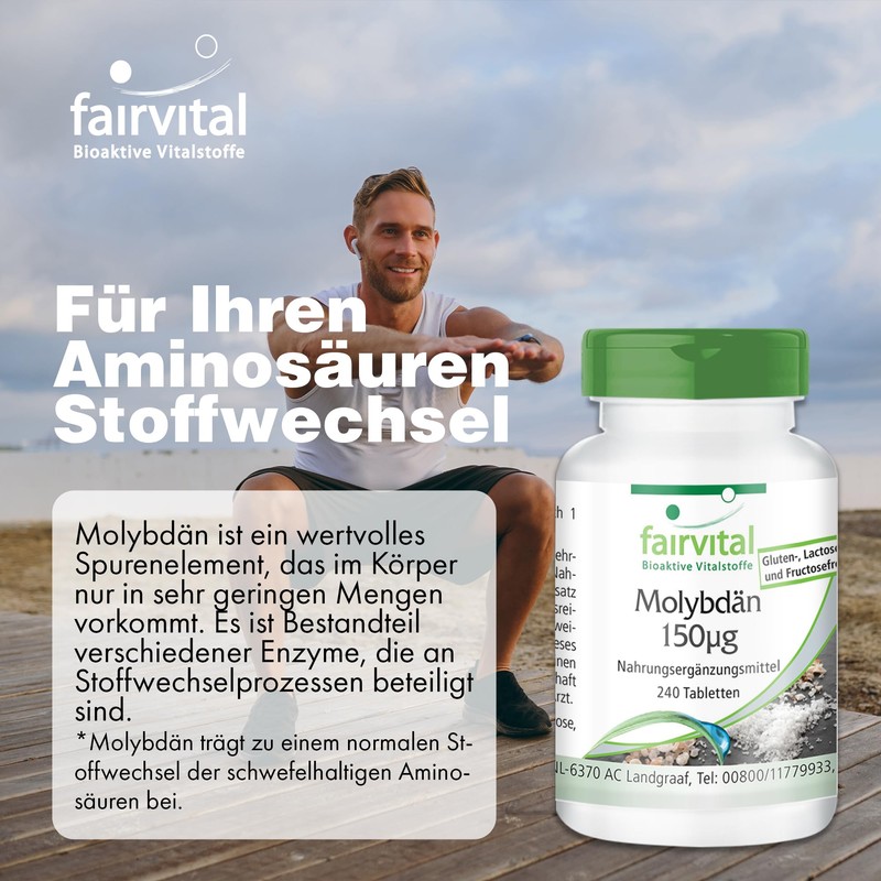 fairvital Molybdenum 150μg, 240 Tablets, Swallow-friendly, Sodium Molybdate, Quality-Tested and