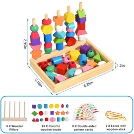 Guopai Threading Toys for 2 3 4 5 Year Olds, Montessori Fine Motor Skills Games, Wooden Lacing Beads & Stacking Blocks, Educational Learning Toy for Toddlers, Travel game with Storage And Cards