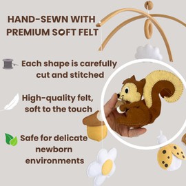 VN3BTOY Woodland Nursery Mobile, Felt Squirrel with Mushrooms, Acorns, Leaves and Cloud, Baby Crib Mobile, Forest Theme Hanging Decor